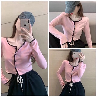  Áo kiểu croptop tay dài màu hồng viền đen cá tính dễ thương 