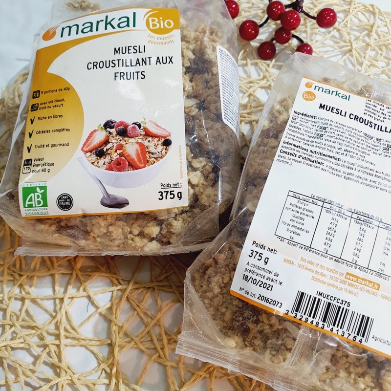 Ngũ cốc giòn trái cây hữu cơ Muesli Crunchy Markal 375g