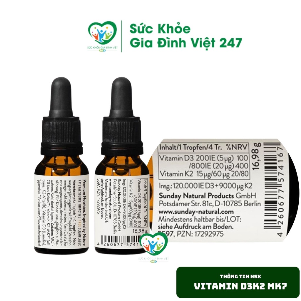 [ Hàng Chuẩn Đức ] Vitamin D3 K2 MK7 Sunday Natural 20ml
