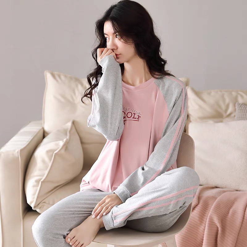 Bộ cotton thu đông mặc nhà bo gấu Quảng Châu cao cấp co giãn 4 chiều raglan hồng phối ghi N2108