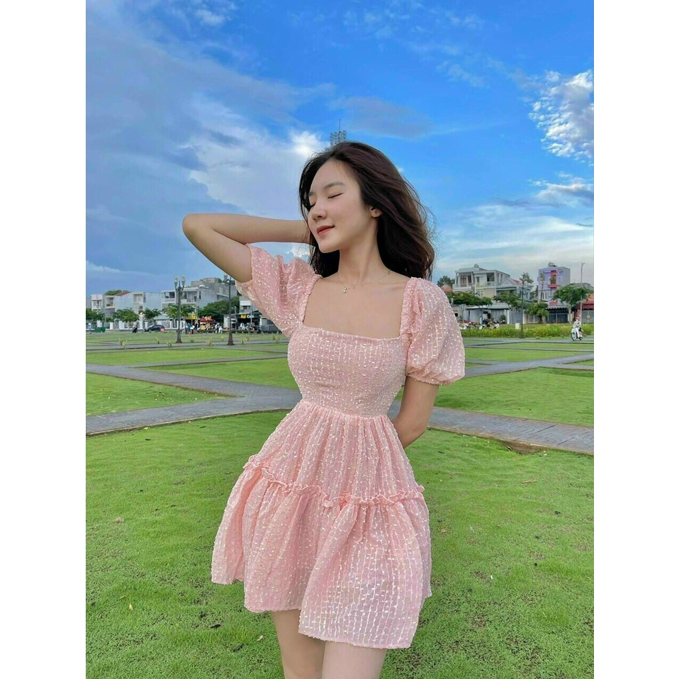 Đầm xòe tay phồng rút dây lưng tiểu thư chất xốp chỉ thái siêu đẹp_vay xop xoe