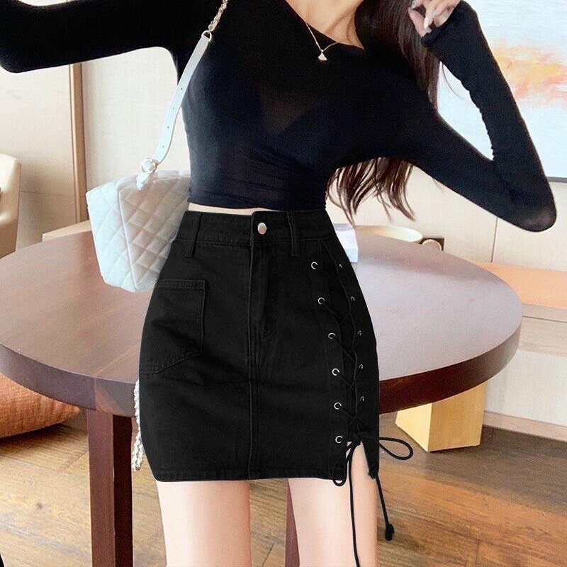 [ĐỦ 4 MÀU] Chân Váy Jean Aiori Cao Cấp Lưng Cao Chất Vải Co Giãn Có Quần Váy Buộc Chéo Dây Xinh Xắn