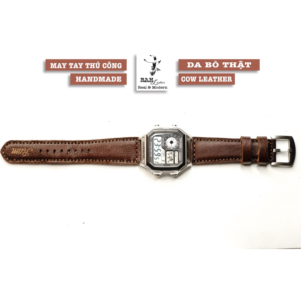 Dây đồng hồ RAM Leather 1981 cho CASIO 1200, AE 1200, 1300, 1100, A159 , A168 , Size 18 da bò thật nâu đỏ