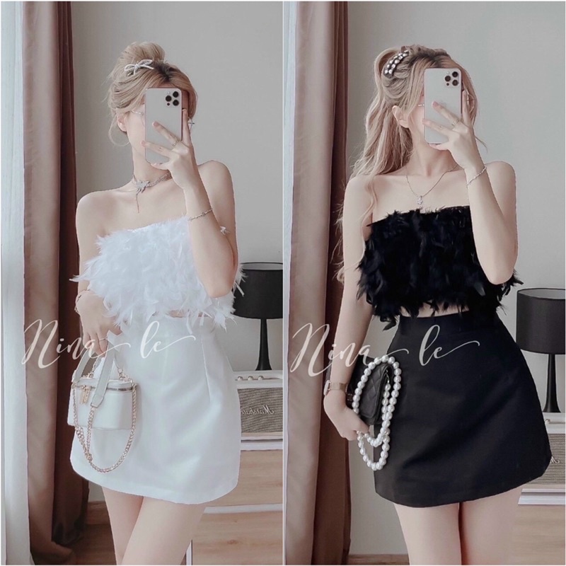 SET ÁO ỐNG CÚP NGỰC LÔNG VŨ KÈM CHÂN VÁY TAPTA DÁNG CHỮ A SEXY