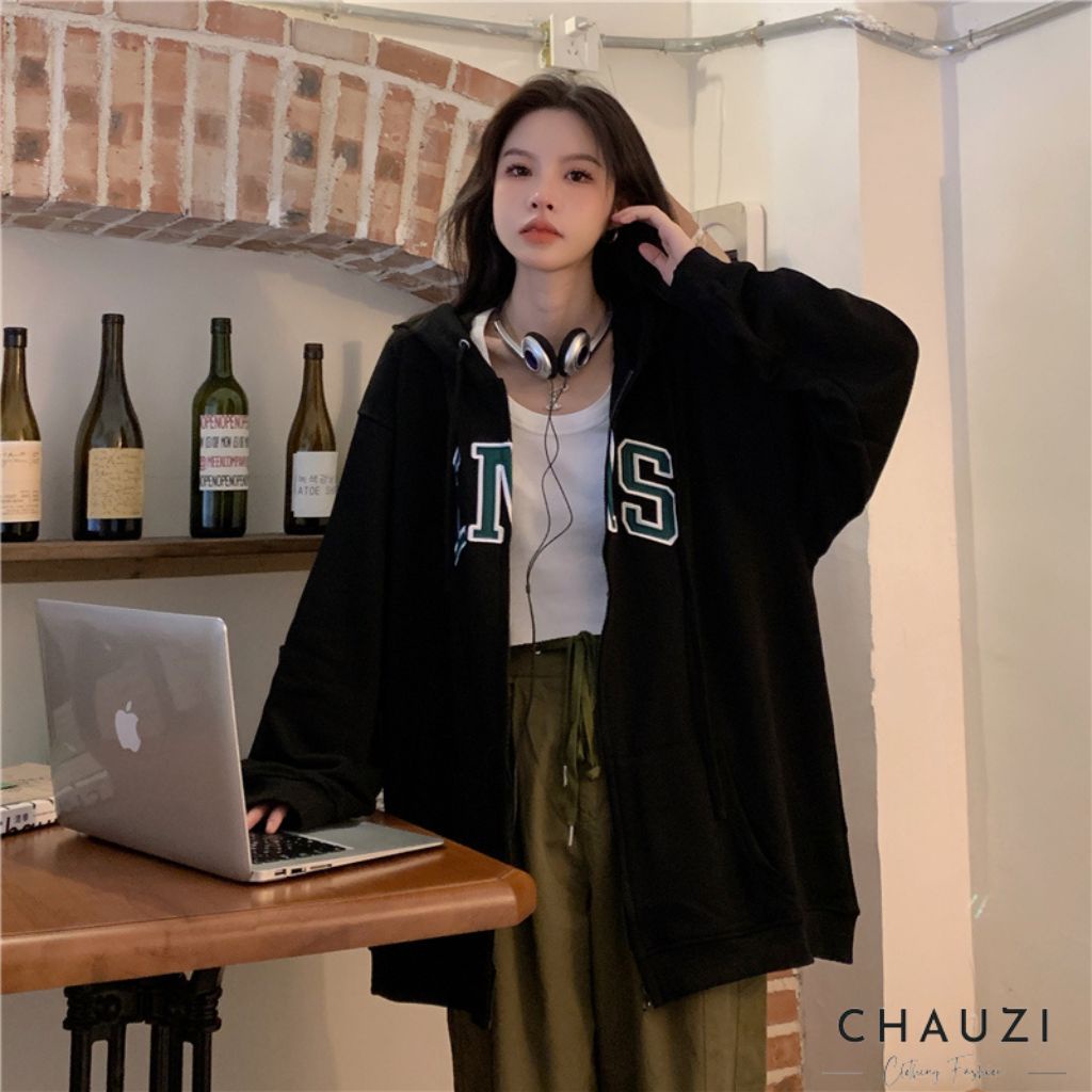 Áo Hoodie Nữ Dài Tay CHAUZI Áo Khoác Nữ Form Rộng Unisex Thêu INS Có Khóa Kéo Trước Ngực Tiện Lợi Kiểu Hàn Quốc AN341