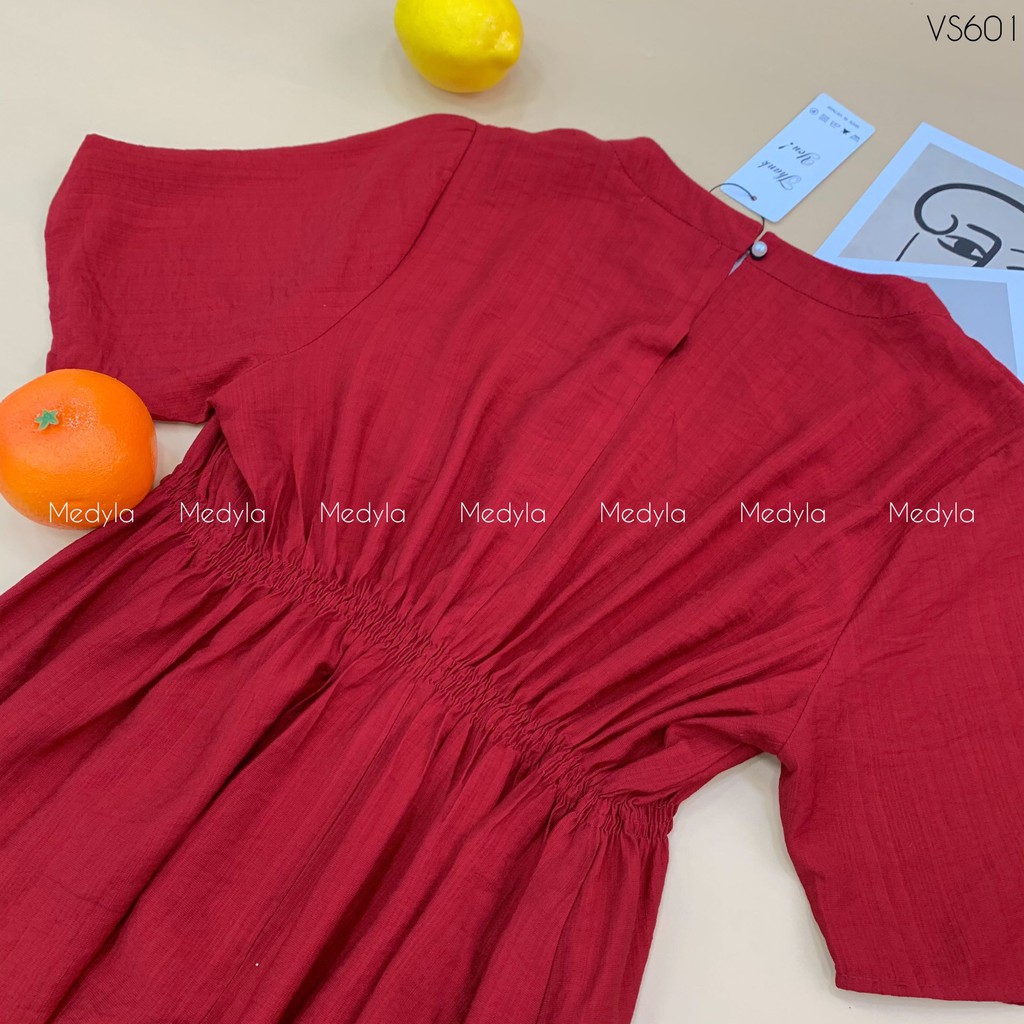 Váy bầu mùa hè đũi đỏ nhúm eo cho bầu thoải mái đi chơi, du lịch - Đầm bầu dự tiệc thiết kế Medyla - VS601