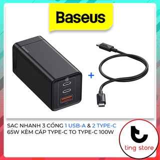 Củ sạc nhanh 3 cổng 65w 1 usb-a 2 typec kèm dây cáp typec to typec 100w baseus gan2 pro quick charger 2c+u 65w đen trắng
