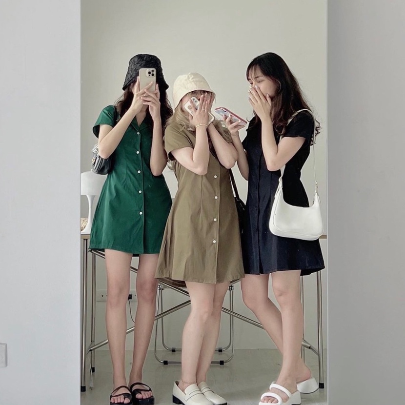 Váy sơ mi cổ vest dáng chữ A lưng chun / Đầm thô chữ A A9501N Nhung Nhớ