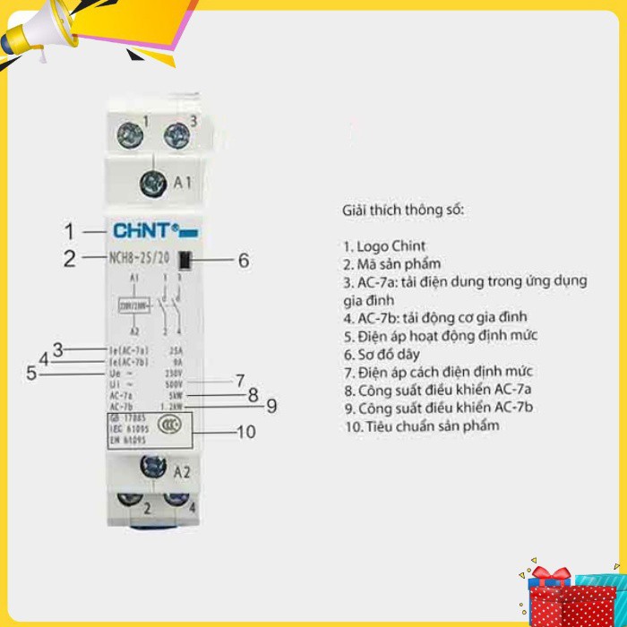 Khởi động từ 1 pha CHINT NCH8 25A chịu tải cho các công tắc thông minh, An toàn, Dễ dàng sử dụng, Bảo hàng Uy tín