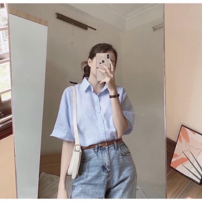 Áo sơ mi Hàn Quốc dáng rộng kẻ sọc nhiều màu chất đẹp không bai xù năng động cá tính nội y xanh