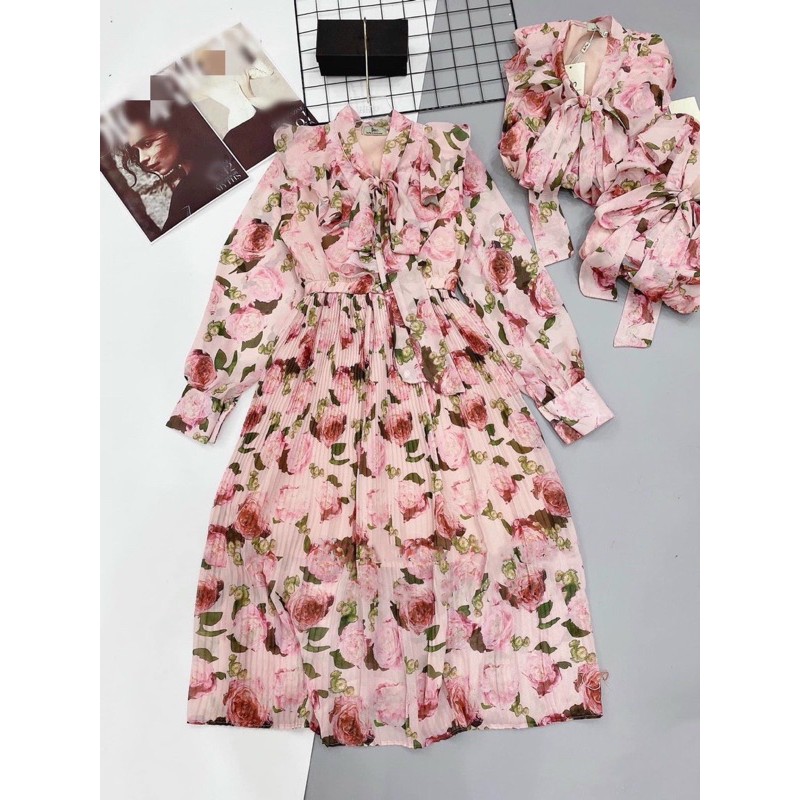 [Mã FATHANG5 giảm 10K đơn 50K] V047 Váy Dự Tiệc Dáng Dài pha Cổ Nơ , Đầm Hoạ Tiết Dài Tay , Chân Váy Dập Ly Cao Cấp | BigBuy360 - bigbuy360.vn