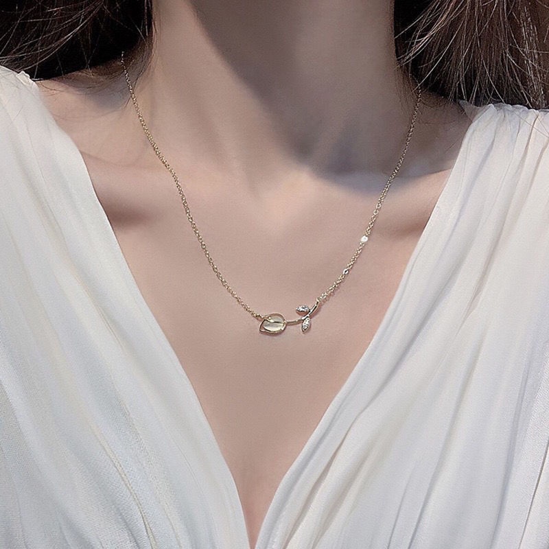 Dây Chuyền Mặt Hoa Tulip Đính Đá Opal Phiên Bản Hàn Quốc Sang Trọng Dễ Phối Đồ