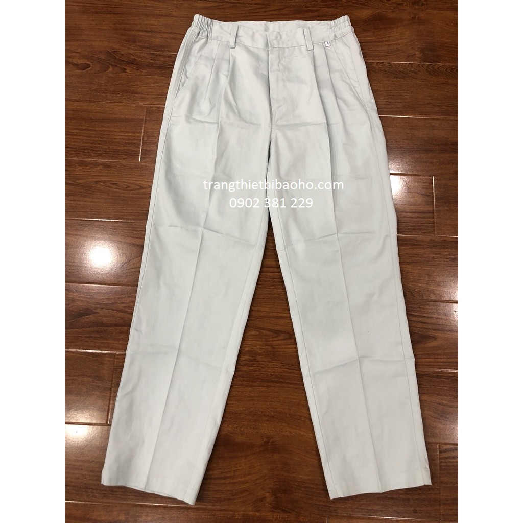 Bộ quần áo bảo hộ vải kaki màu ghi phối đỏ DN12 - hình thật