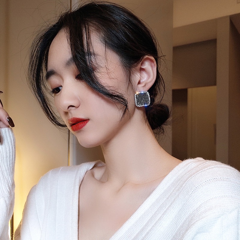 Bông Tai Mạ Bạc 925 Hình Vuông Màu Đen Dễ Phối Đồ