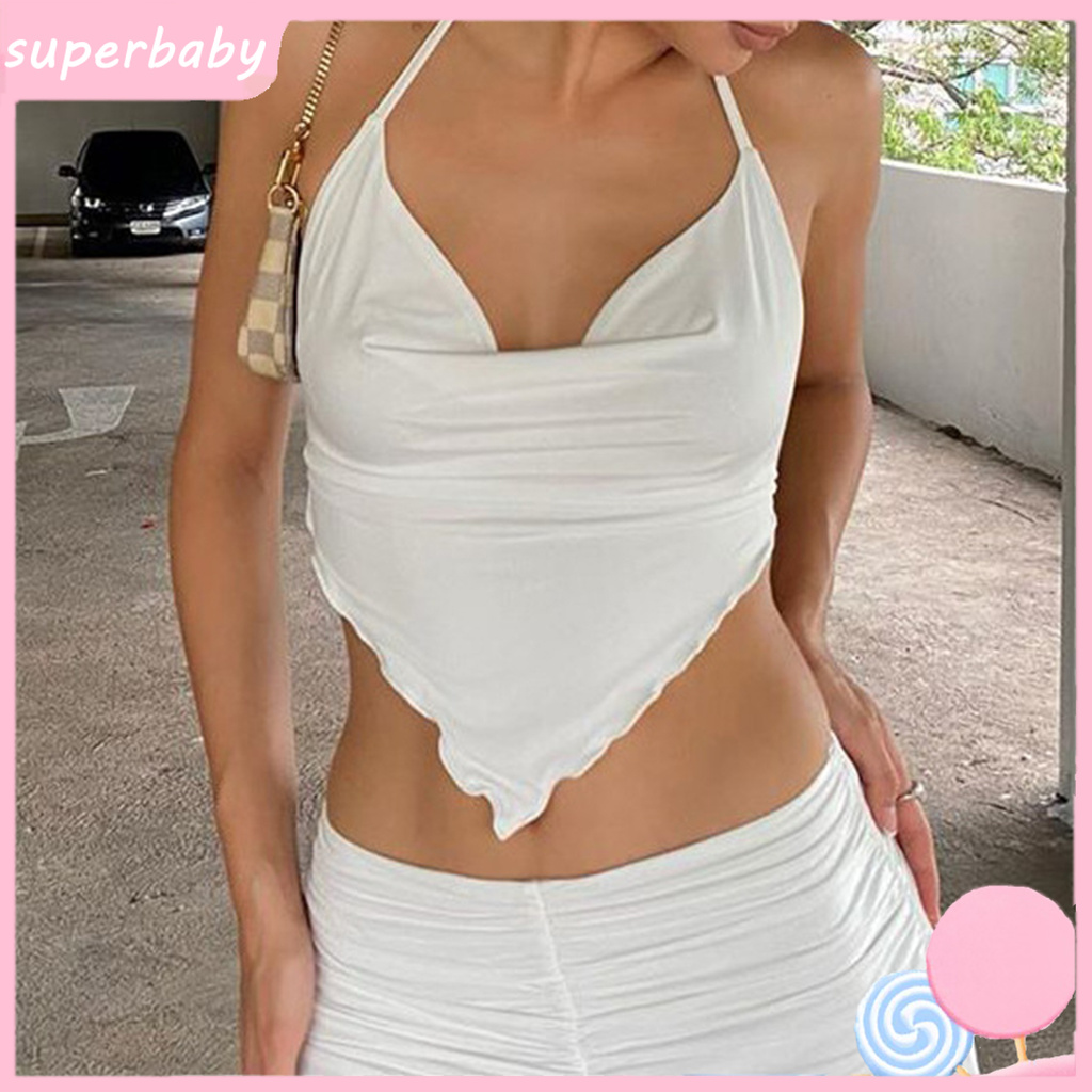 SBaby_ Tank Top Halter Rhombus White Backless Lacing Bustier for Dancing