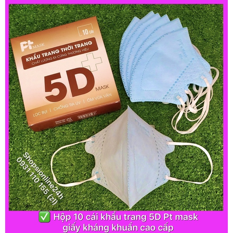 ✅ Hộp 10 cái khẩu trang 5D plus Pt mask Phương Tuyến giấy kháng khuẩn ( màu xanh )