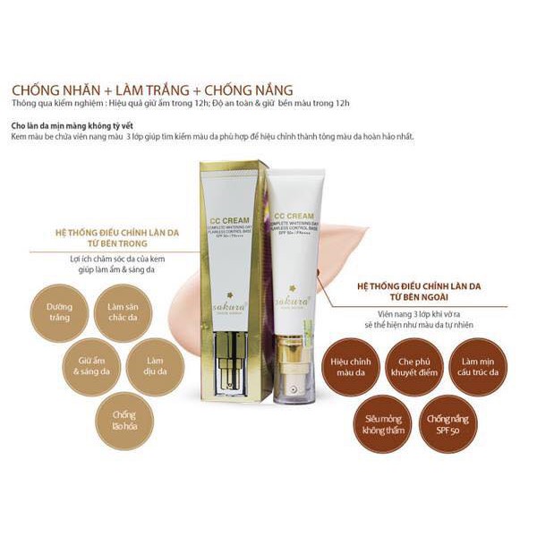 KEM TRANG ĐIỂM CHỐNG NẮNG THẦN THÁNH CC CREAM SAKURA WHITENING DAY FLAWLESS CONTROL BASE SPF50 SAKURA 40ML CHÍNH HÃNG