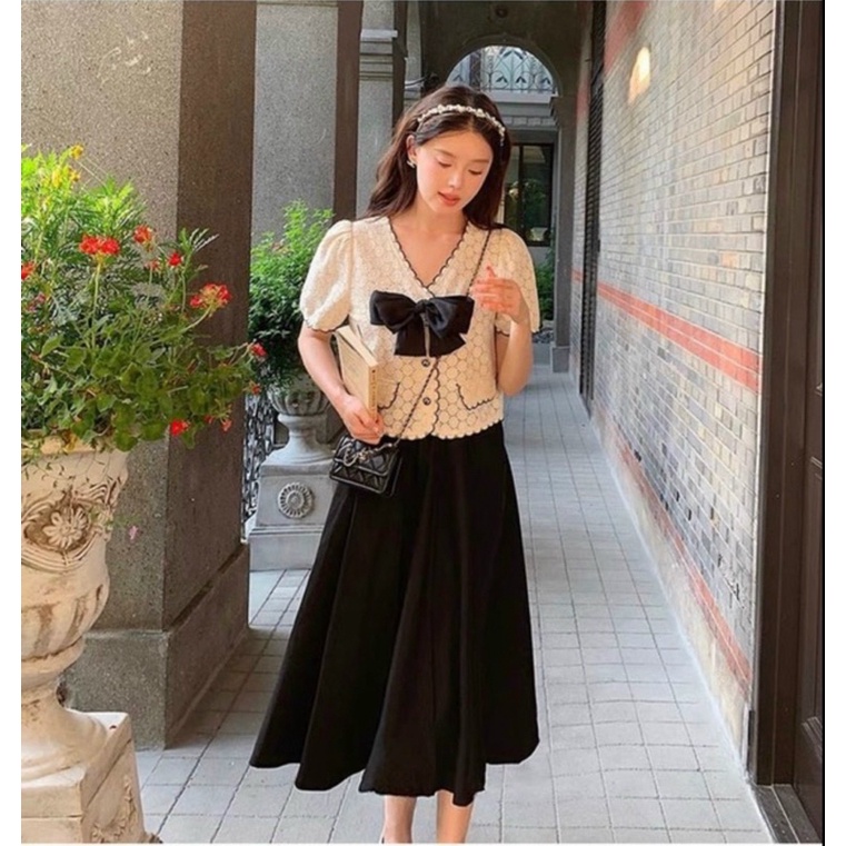 SET ÁO REN CROPTOP + CHÂN VÁY MIDI ĐEN