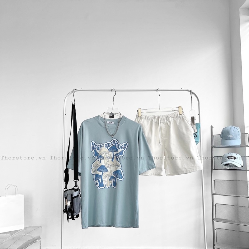 Áo thun tay lỡ nam nữ,in hình Mushroom màu xanh