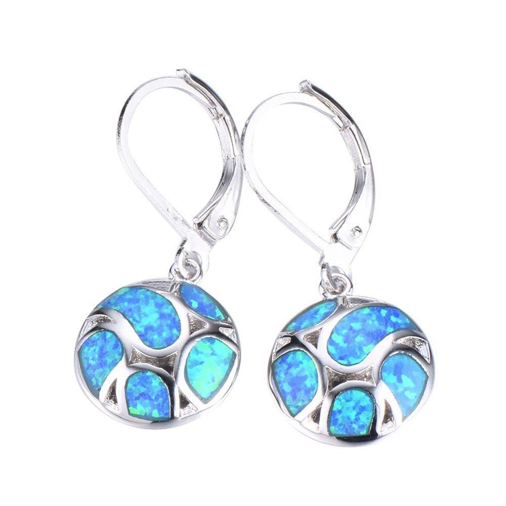 HS Khuyên Tai Tròn Đính Đá Opal Xanh Lam / Trắng Dễ Thương Cho Nữ