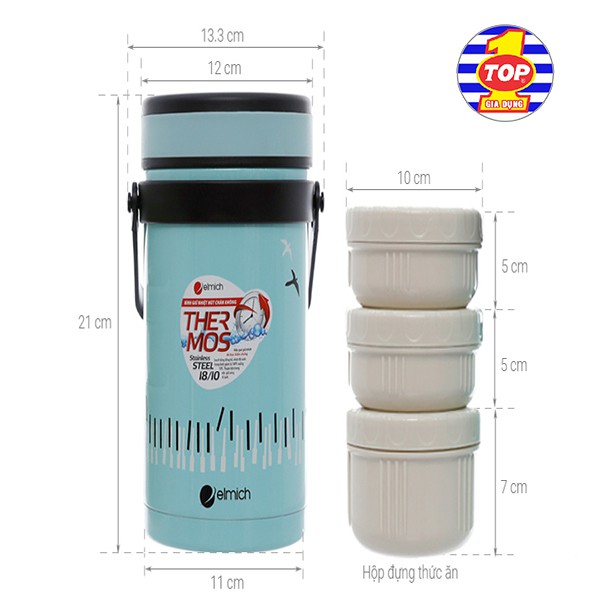 Bình Đựng Thức Ăn Giữ Nhiệt Elmich EL-7284 Dung TÍch 1500ml, Chống Bức Xạ Nhiệt Tuyệt Đối An Toàn - Hàng Chính Hãng.