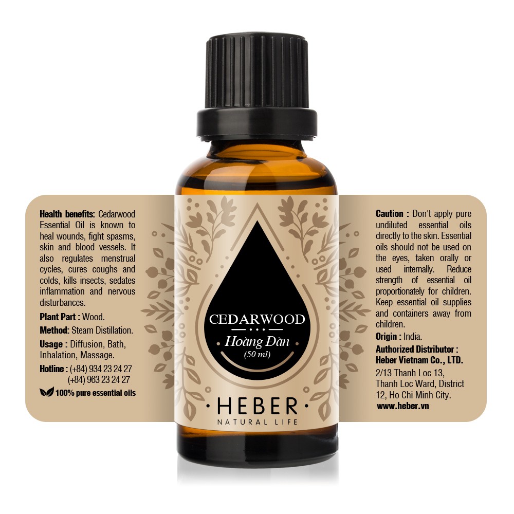 Tinh Dầu Hoàng Đàn Cedarwood Heber Natural Life, Cao Cấp Nhập Khẩu, Thiên Nhiên Nguyên Chất Xông Phòng 10ml/30ml/50ml