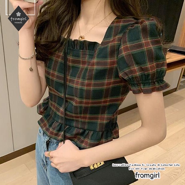 Áo Croptop Tay Phồng Cổ Vuông Họa Tiết Sọc Caro Phong Cách Vintage