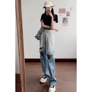 QUẦN JEAN ỐNG RỘNG NỮ LOANG MÀU XANH RÁCH VẠT SỌC PHẢI PHỐI VẠT TRÁI FORM DÀI RỘNG LAI