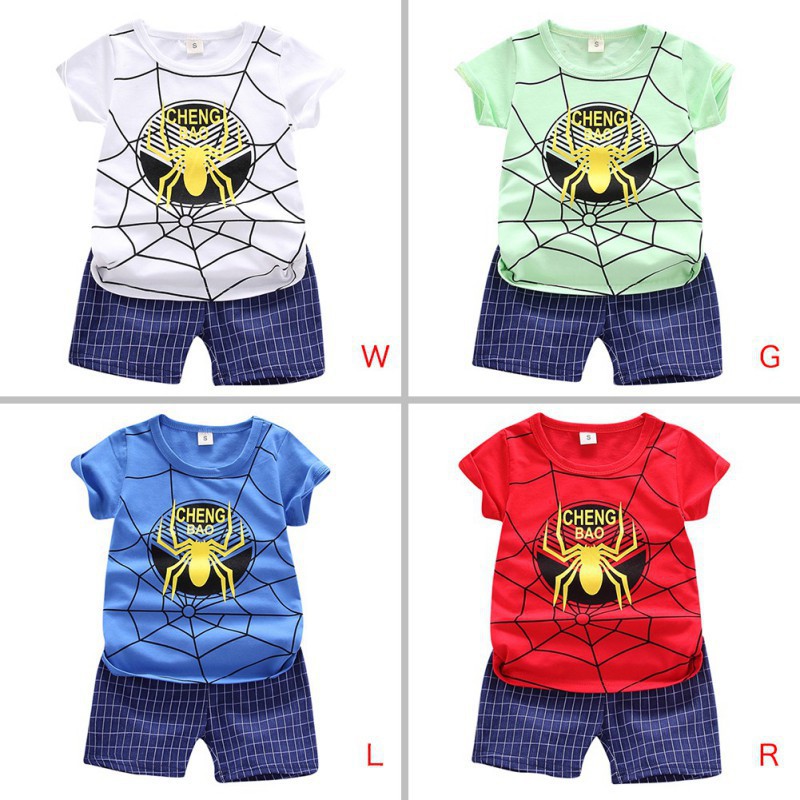 Set Áo Thun Ngắn Tay Cổ Tròn In Hình Con Nhện + Quần Short Lưng Thun Thời Trang Cho Bé Trai