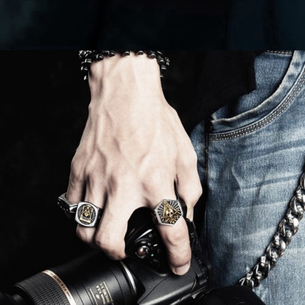 Perhiasan Totem Punk Knight Pria, Cincin Masonik Heksagonal