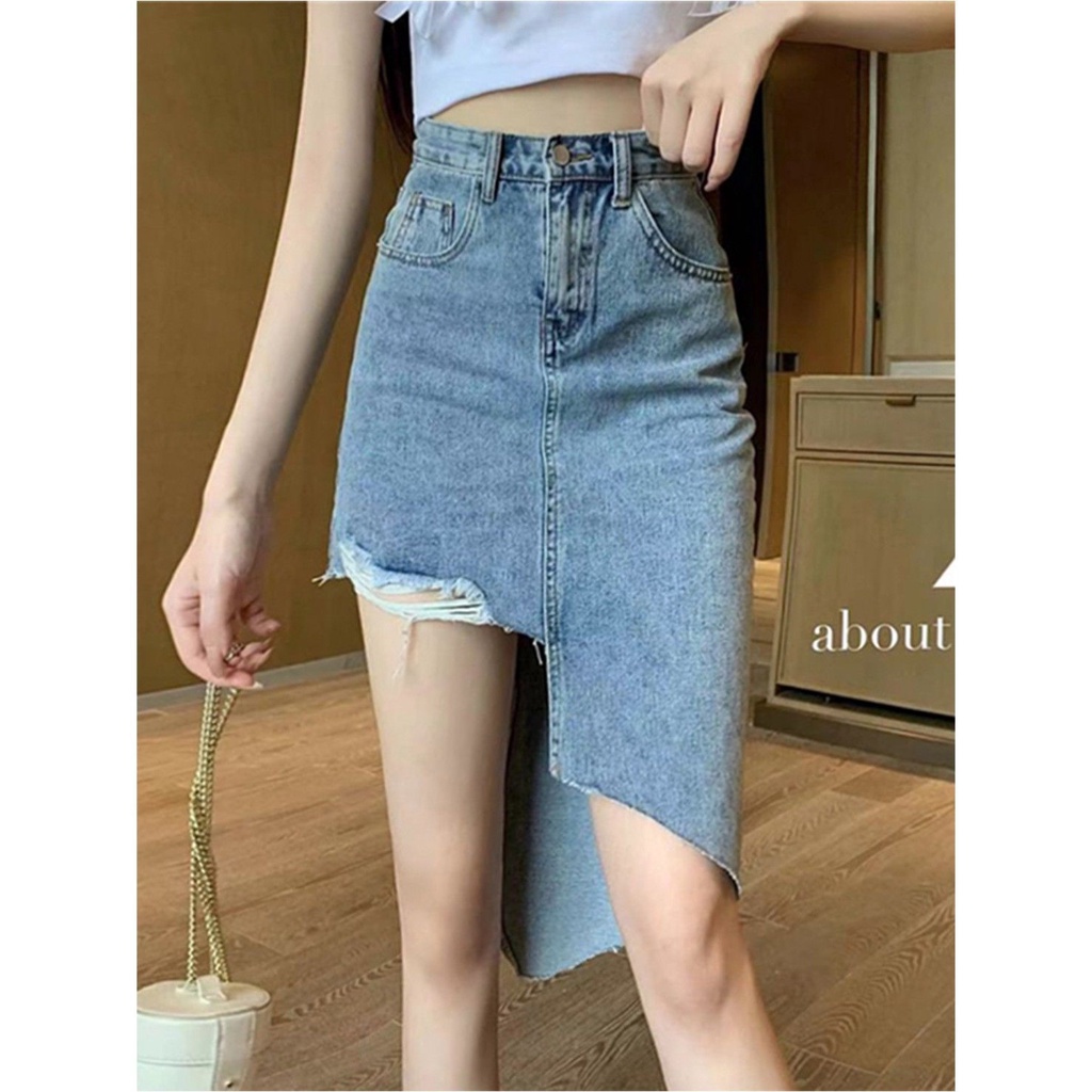 Jiashucheng Chân Váy Jean Lưng Cao Xẻ Tà Thời Trang Mùa Hè Phong Cách Hàn Quốc Cho Nữ