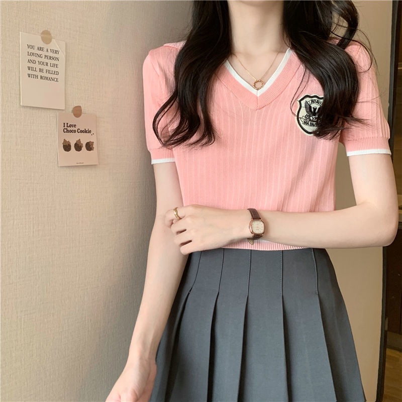 Áo Thun Dệt Kim Ngắn Tay Cổ Chữ V Thời Trang Mùa Hè Cho Học Sinh