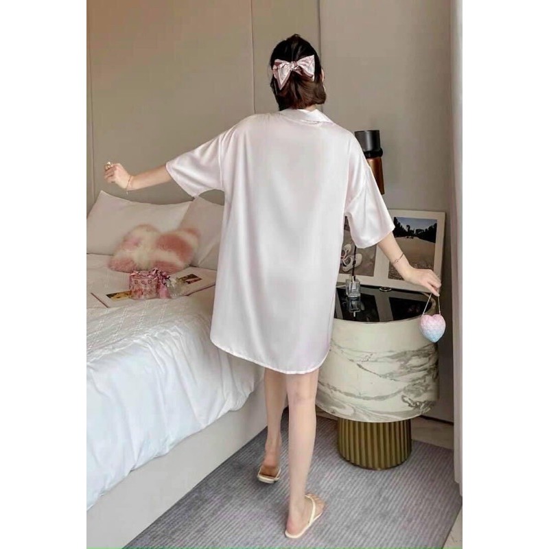 Váy ngủ sơ mi công chúa bánh bèo hình chú voi con lụa satin cao cấp quảng châu