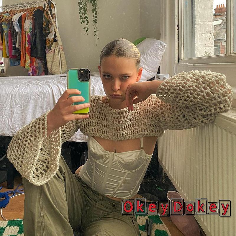 Áo Croptop Dệt Kim Tay Loe Phong Cách Cổ Điển Thời Trang Harajuku 90s 00s Grunge2K Cho Nữ