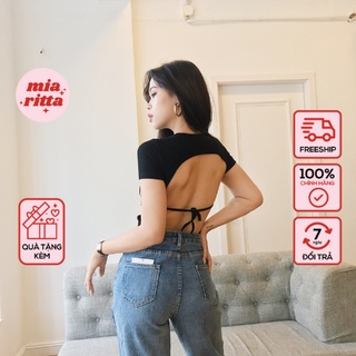 Set bodysuit đen cộc tay buộc dây lưng Mia Ritta A1904