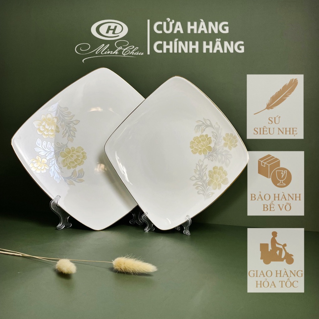 [Sứ Siêu Nhẹ] Đĩa Vuông Sứ Xương Hoa Kẻ Vàng - Sứ Minh Châu