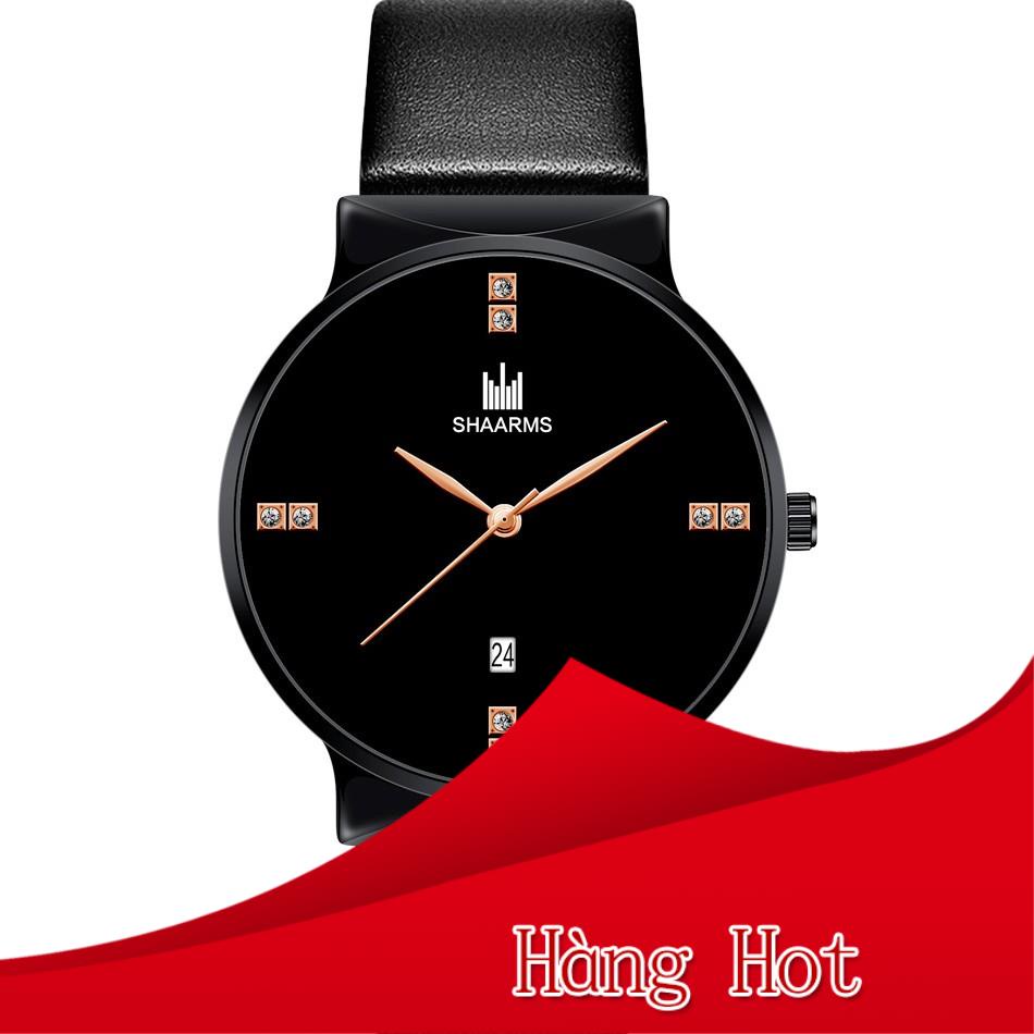(CHUẨN MEN) Đồng Hồ Nam SHAARMS S6096 Mặt đính đá lịch ngày sang trọng Doanh Nhân Siêu Mỏng Dây Da PU Cao