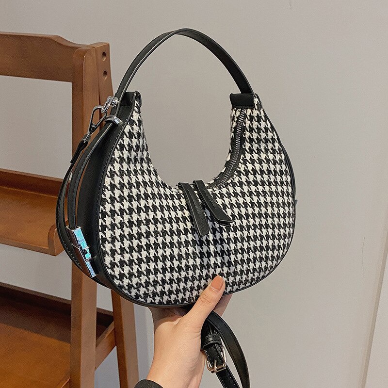 Túi đeo vai Jasmin Noir bằng len kiểu trăng khuyết in họa tiết houndstooth thời trang cổ điển mùa đông cho nữ