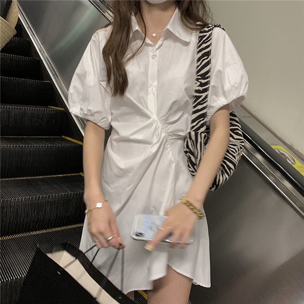 Đầm Trắng Tay Phồng Thiết Kế Lệch Tà Thời Trang Mùa Hè Mới Cho Nữ