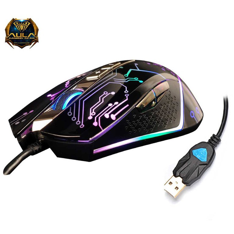 Chuột máy tính có dây gaming siêu ngầu siêu đẹp siêu xịn AULA 9010 màu đen có đèn LED cổng USB