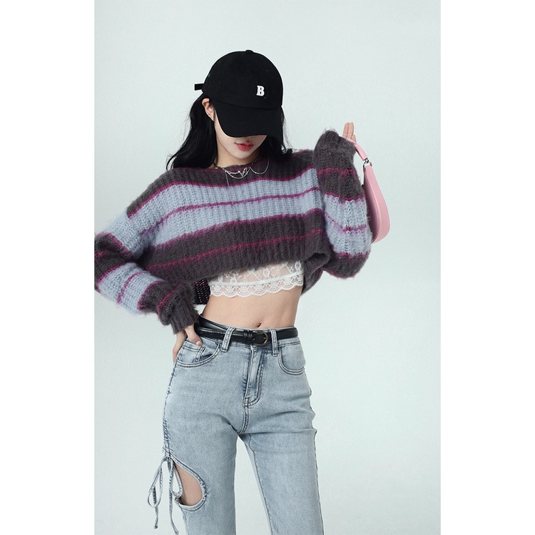 Áo Sweater Dệt Kim Dáng Rộng Ngắn Họa Tiết Kẻ Sọc Thời Trang Cho Nữ