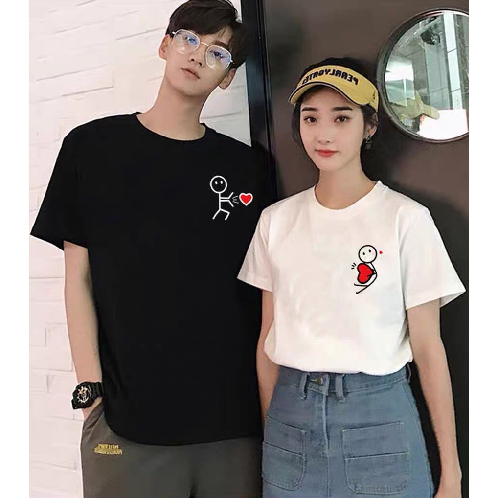 Áo thun (áo phông) cặp đôi dáng unisex Couple Ciu cho nam nữ - Họa tiết người que bắn tim, hai màu đen trắng