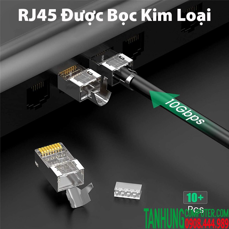 Đầu bấm dây mạng Cat6A Chính hãng Ugreen 70316(Chuẩn RJ45 túi/10 cái+đầu chụp nhựa)