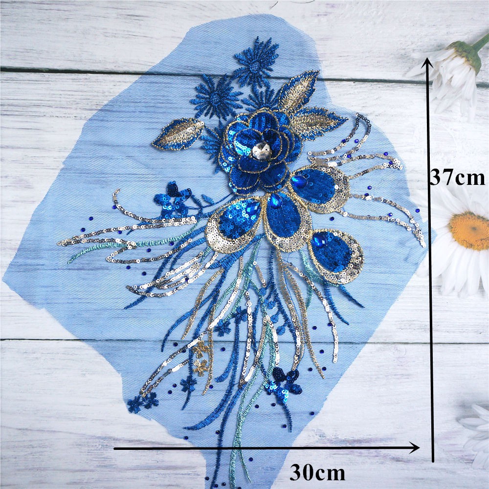 Miếng Vải Ren Thêu Hình Lông Công Đính Kim Sa Lấp Lánh Trang Trí Váy Cưới diy