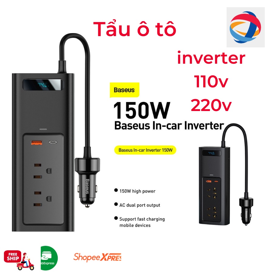 🔥Tẩu sạc Baseus inverter 150w -110v/220v trên xe hơi ô tô bảo hành 12 tháng