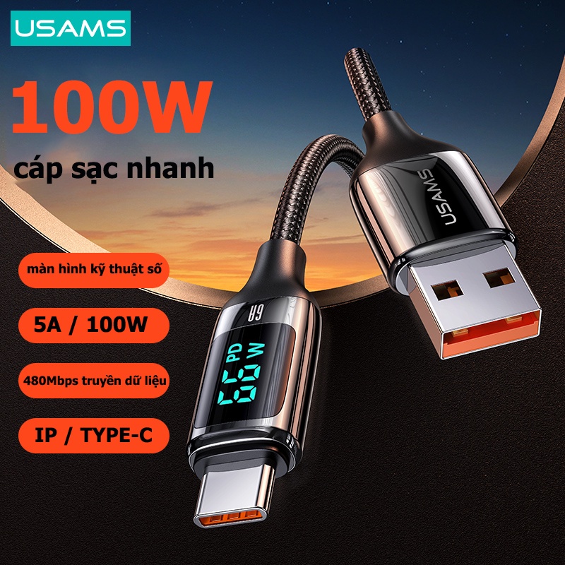 Dây Cáp Sạc Nhanh USAMS 1.2M 6A 100W PD Có Màn Hình LED Kỹ Thuật Số USB Type C