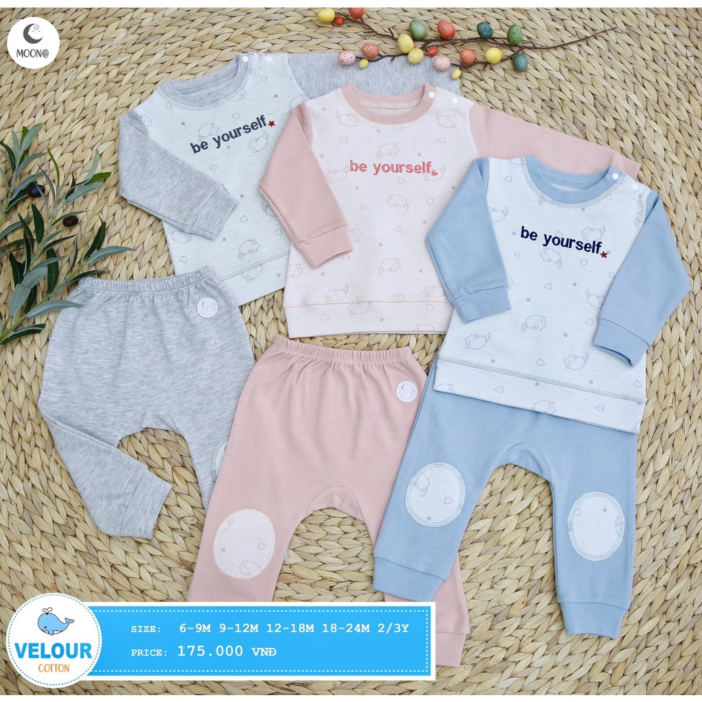 [CHÍNH HÃNG] Bộ nỉ chất liệu cotton cài vai hoạ tiết trẻ em thu đông Moon