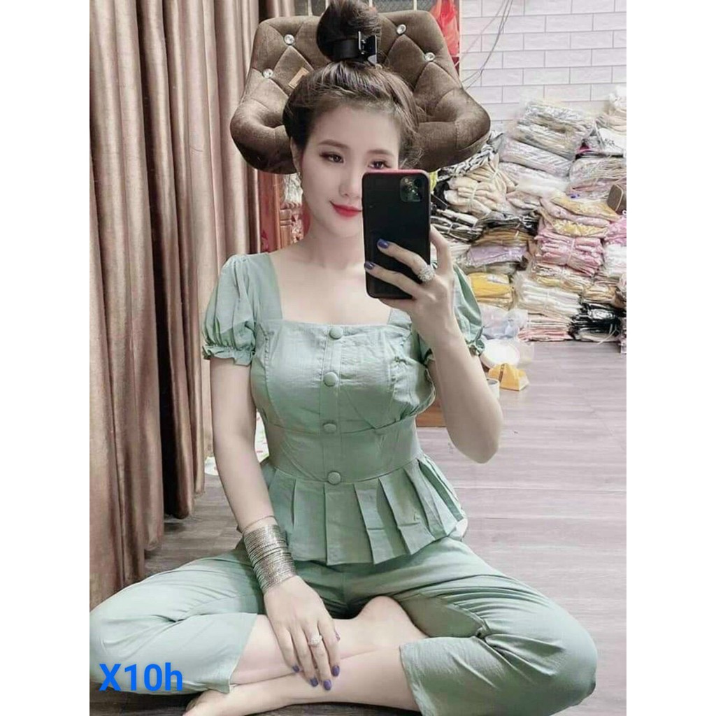 [ Mã FAMAYWA2 giảm 10K đơn 50K] sét đồ bộ áo tay ngắn kiểu xòe đính nút cổ vuông | BigBuy360 - bigbuy360.vn