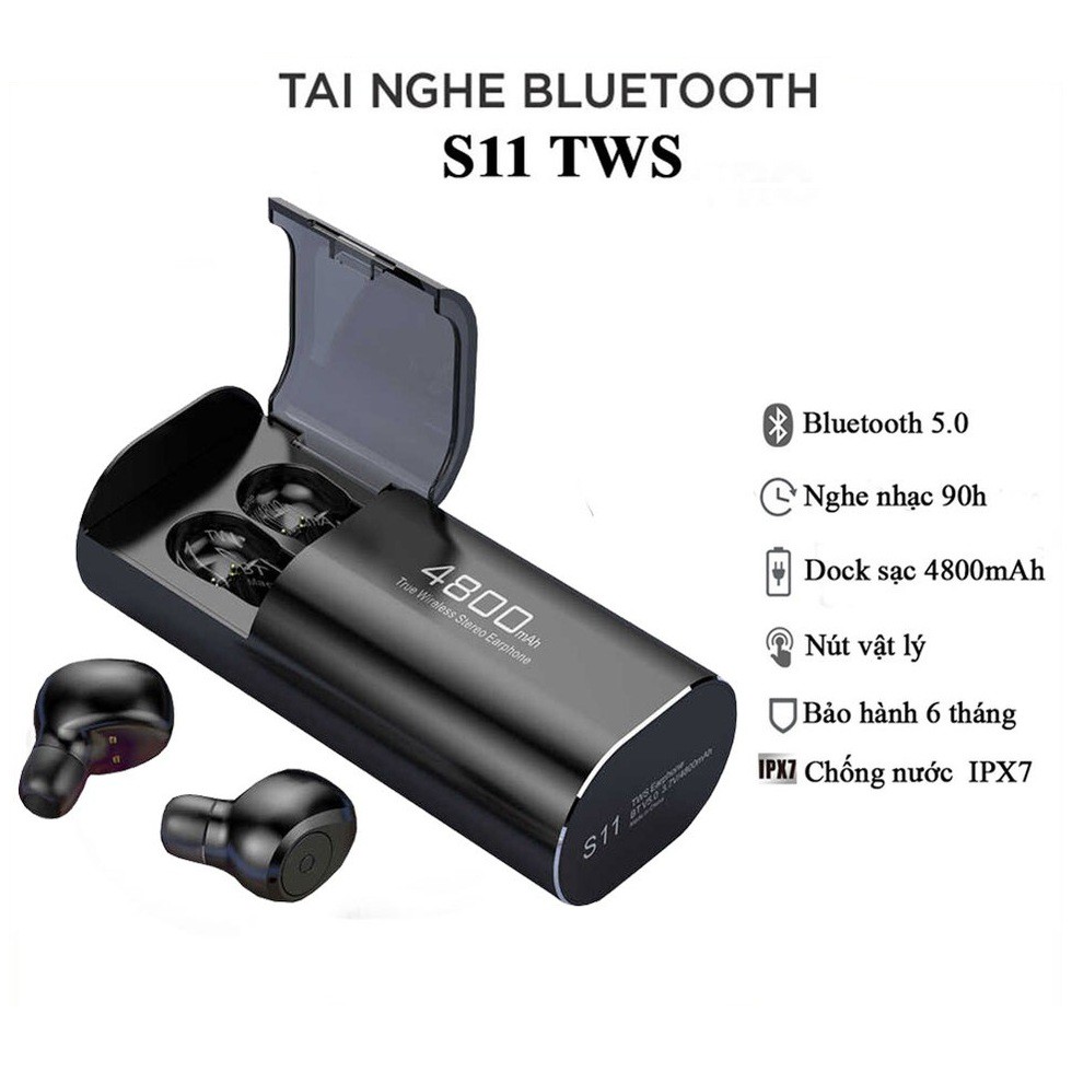 Tai nghe Bluetooth S11 TWS 5.0 - Kiêm Sạc Dự Phòng 4800mAh, Chống nước IPX7, Nghe nhạc đến 90h - TBT