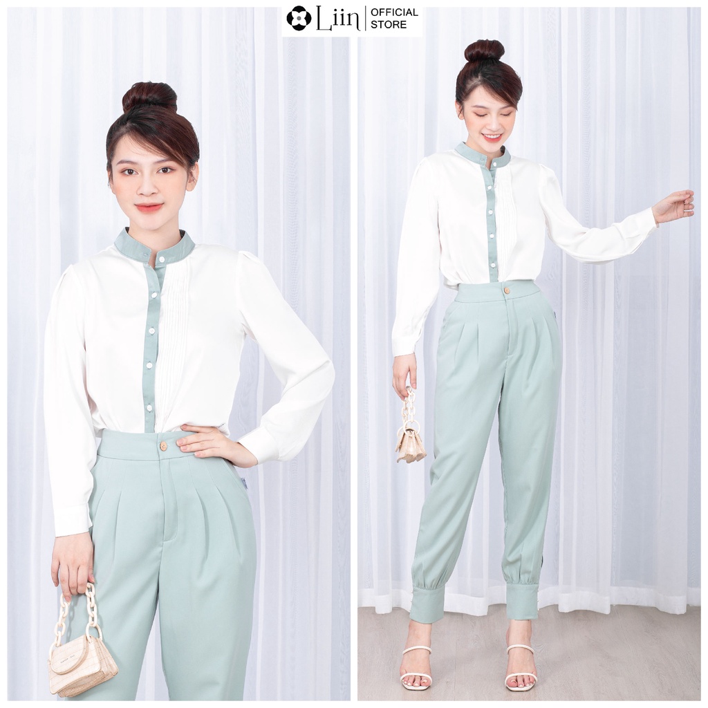 Áo sơ mi nữ form công sở màu Trắng Cổ Tàu kết hợp viền Xanh thanh lịch Liin Clothing SM3689